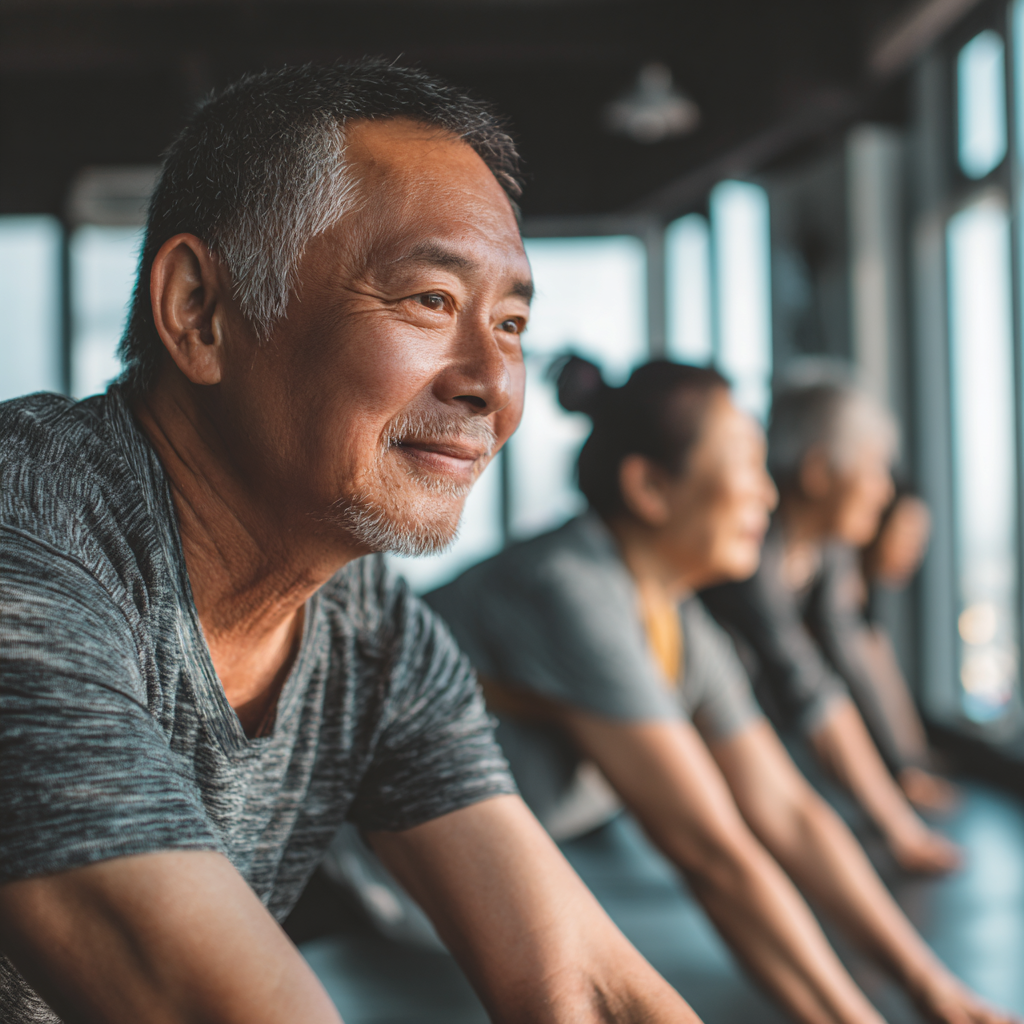 Улыбающийся пожилой европейский мужчина выполняет мягкие упражнения на растяжку в светлой комнате