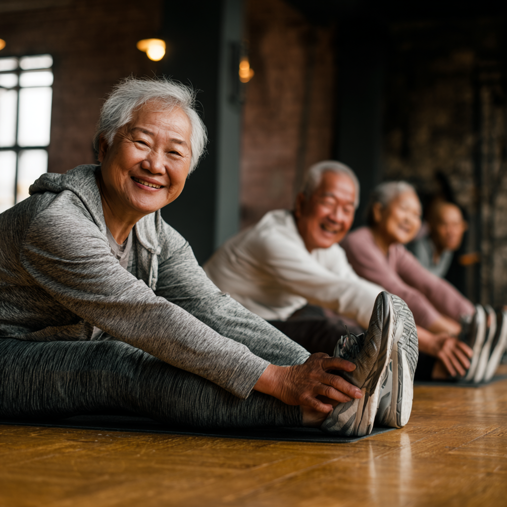 Радостная пожилая европейская женщина в спортивной одежде демонстрирует гибкость во время занятий йогой на коврике